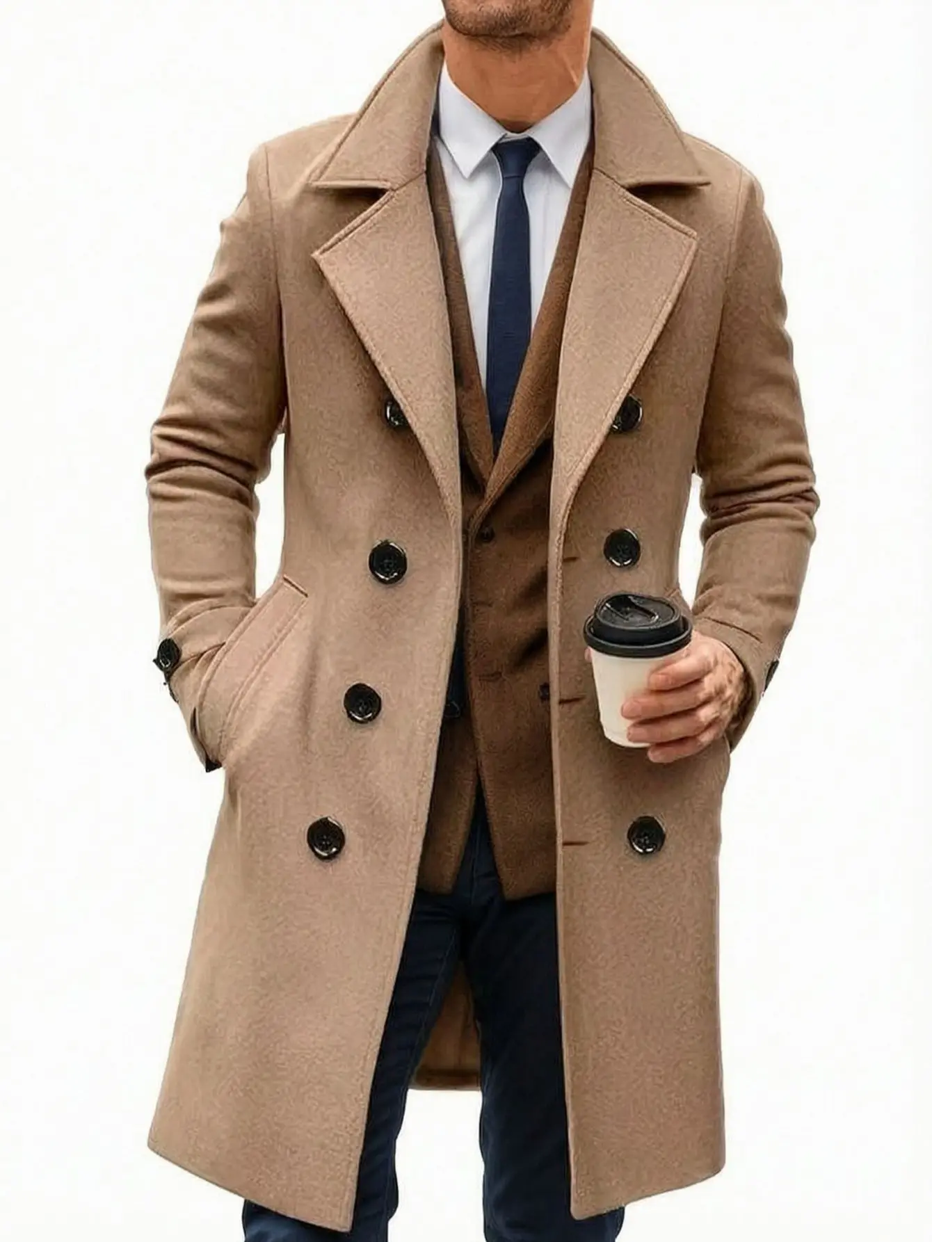Men’s long trench coat jacket with notched lapel collar, double-breasted design, slim fit, classic mid-length overcoat