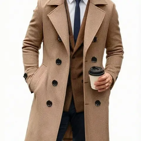 Men’s long trench coat jacket with notched lapel collar, double-breasted design, slim fit, classic mid-length overcoat