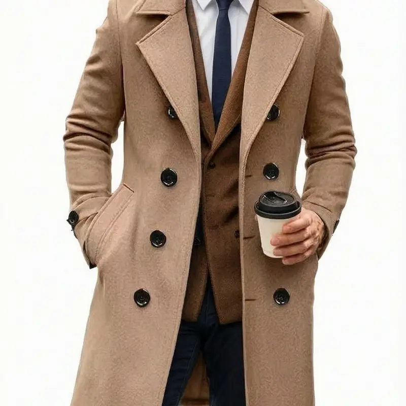 Men’s long trench coat jacket with notched lapel collar, double-breasted design, slim fit, classic mid-length overcoat
