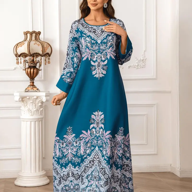 Muslim Women's Long Robe Evening Gown Fashion Printed Round Neck Beaded Dress, Long Sleeve Dresses, Muslim Women Gowns, Classy Modest Dresses, Modest Muslim Clothing, Modest Clothes, Geometric Pattern, All Seasons