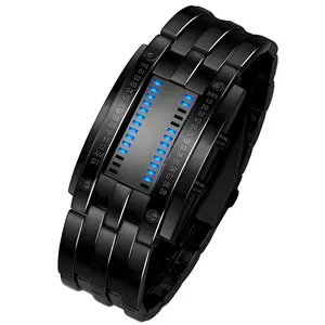 Men's Cool Binary Watch Stainless Steel LED Bracelet Style Fashion Blue Light Sports Watch Vacuum Plated
