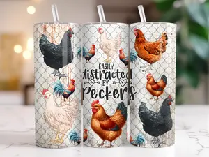 Easily Distracted By Peckers 20oz Tumbler Chicken Tumbler Rooster Cup Bottle Drinkware Lid Stainless Straw