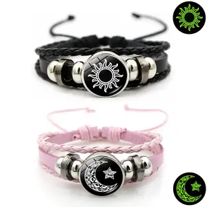 New 2026 2pcs/set Sun and Moon Lovers Leather Bracelet Punk Multi-Layered Beaded Braided Adjustable Bracelet Set For Couple Jewelry Gift for love