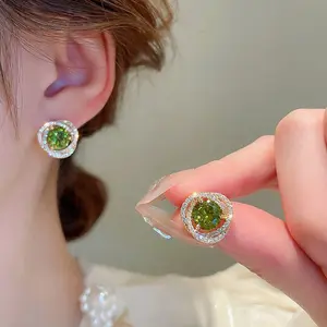 Olive-Green Halo Stud Earrings -Vintage Gemstone Stud Earrings -Unique Y2K Accessories - Meaningful Mother's Day Gift for Mom