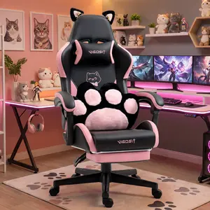 Cute Cat Style Gaming Chair with Detachable Cat Ears & Velvet Paw Lumbar Cushion, Adjustable Reclining Desk Chair for Girls Teens and Ladies