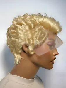 pixie wig pixie cut wig human hair wig 13x4 frontal transparent lace blonde black color short curly human hair wig daily party cosplay gift use hair wig for women Kinky Curly Wig
