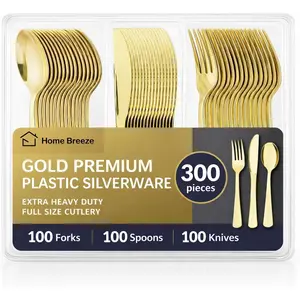 Premium Heavy Duty Gold Plastic Silverware 300 Pack 100 Forks 100 Spoons 100 Knives BPA-Free Disposable Cutlery for Parties Dinners Weddings