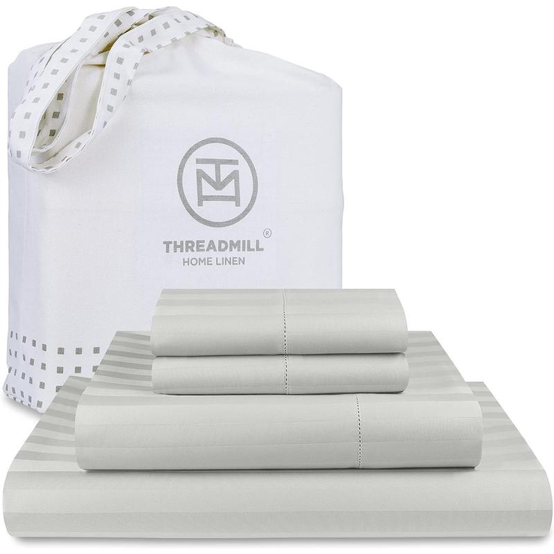 500 Thread Count King Size Damask Stripe, 4 Pc Luxury Bed Sheet Set, Soft Light Grey Sheets with 16" Elasticized Deep Pocket, 2 Pillowcases & Free Tote Bag