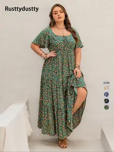 Plus Size Floral Print Ruffle Trim Tie Front Dress, Boho Butterfly Sleeve Square Neck A Line Dress for Beach Vacation Holiday, Women's Clothes for All Seasons