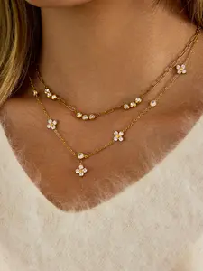 Women's Four-Leaf Clover Multilayer Necklace Waterproof Titanium Steel Zircon Pendant Chain, Elegant Floral Design Jewelry for All Seasons