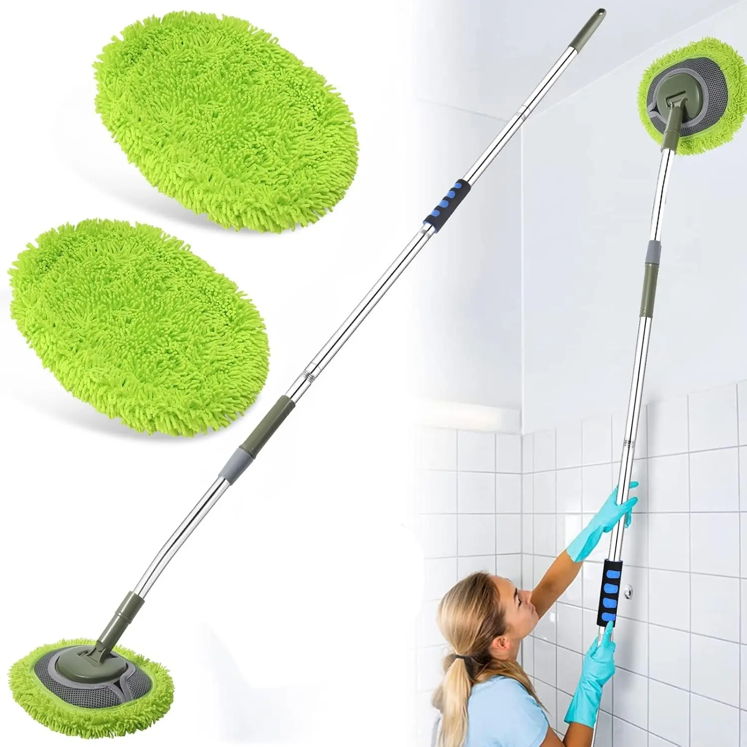 Wall Cleaner, Max 66'' Wall Mop with Long Handle, Ceiling Dust Mop with 15? Labor-Saving Elbow Extension Pole, Baseboard Duster Washer , High Reach Window Cleaning Brush, Roof Cleaning Tool-GN