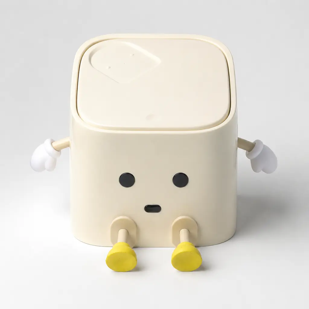 Nordic Style Cute Cartoon Doll Mini Desktop Garbage Can - Matte Plastic, Touchless Press Lid, Step Pedal, Double Tilt Out, Built-In Brush, Deodorizing Slim Rectangle Creative Waste Bin for Beauty Products (Labor Day Sale) Girls' Home Supplies Mini Bin