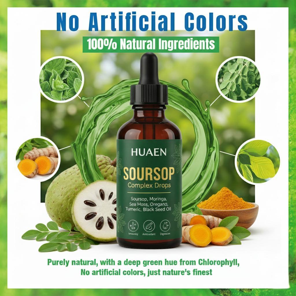HUAEN Pure Soursop 10 in 1 Liquid Drops Extract - Seamoss,Moringa,Black Seed Oil,Turmeric,Oregano Liquid Drops for Immune System and Gut Health Support