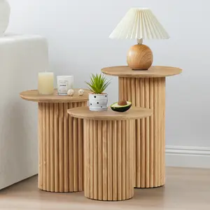 Giratree Round Nesting Coffee Table Set of 3,Mid Century Modern Fluted Coffee and End Table Set,Small Circle Wooden Side Table Drink Table for Living Room