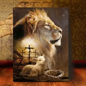 1pc Lion of Judah & Lamb of God Framed Christian Wall Art - Vintage Wooden Frame Canvas Print with Serene Lion & Lamb Scene, Religious Home Office Church Chapel Decor Suitable for All Occasions - Spiritual Gift, 2D Flat, Perfect for Room Decor