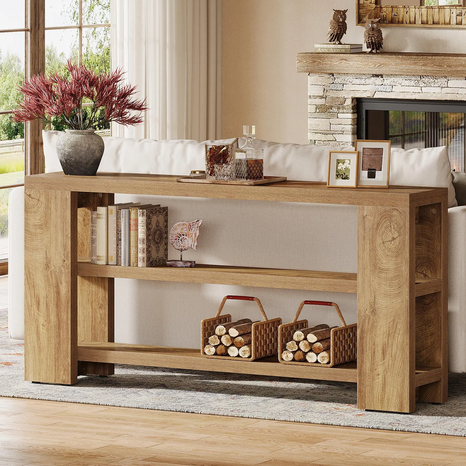 TRIBEWOOD 70.9-Inch Extra Long Console Table with Storage, Narrow Wooden Sofa Table Behind The Couch, Farmhouse 3-Tier Entry Foyer Table for Entryway, Living Room, Hallway