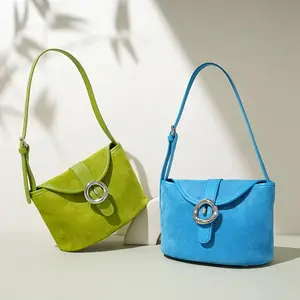 Women's Korean Fashion Shoulder Bag - Cute French Bag-like Purse with Metallic Ring Closure, Lightweight Genuine Leather Handbag in Lime Green/Blue, Structured Compact Purse for Everyday, Parties, Formal Events - Luxury Gift for Women, Party Handbag, Mode