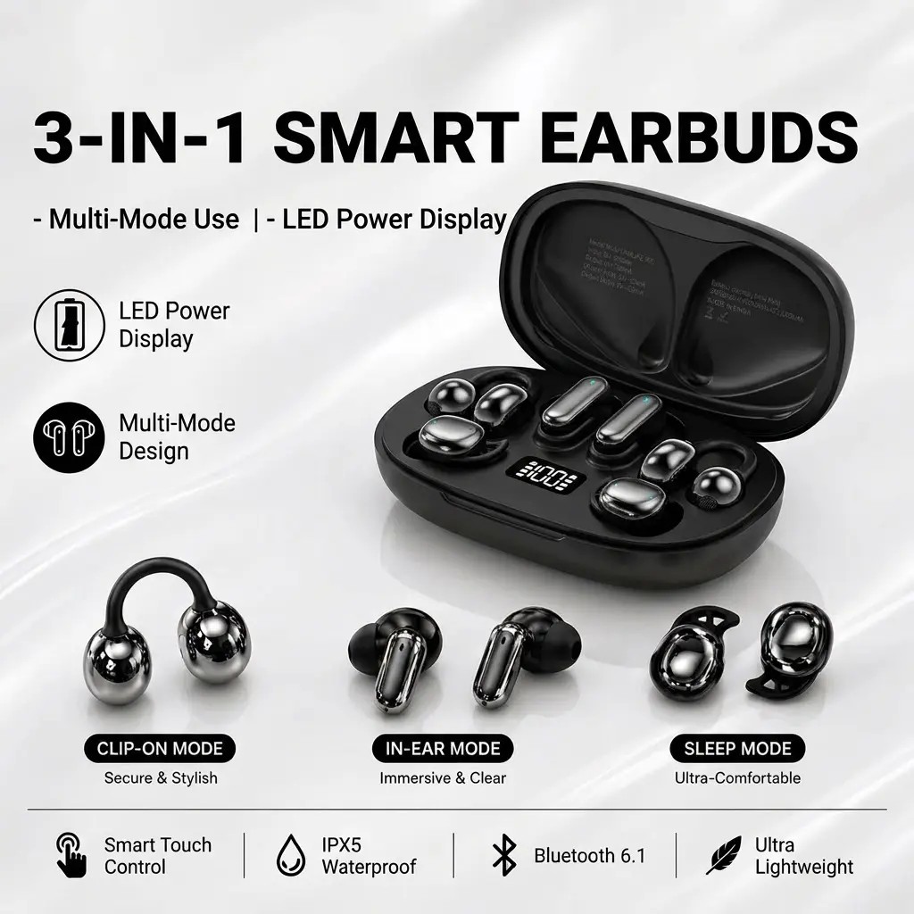 3-in-1 Bluetooth 6.1 Wireless Earbuds with All-in-One Power Case - Clip-On Open-Ear, In-Ear & Mini Sleep Earphones, HiFi Stereo & Noise Reduction for iPhone Android