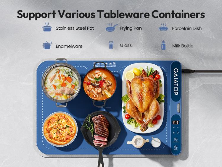 Gaiatop Fast-Heating Silicone Warming Mat - 7-Level Temp, 8-Hour Timer, Includes Heat Insulating Pad, Portable Blue Food Warmer for Parties, Home Gatherings Coasters Tableware Coasters Tableware Stainless Steel Travel
