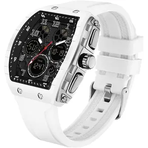 *MWA-LYZ Watches for Men Unique Rectangle Relojes para Hombres White Wristwatch with Digital Analog Dual Time Display Countdown Stopwatch Punk Cool Design 5ATM Waterproof