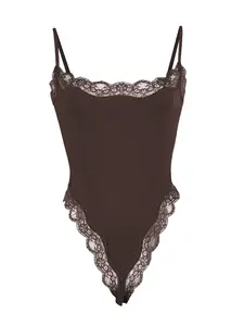 Women's Sexy Solid Color Spaghetti Strap Lace Trim Shaping Bodysuit Underwear