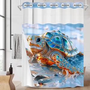1 Pack No Hook Double Layer Shower Curtain, Crystal Turtle Print Bath Curtain, Waterproof, Mildew Resistant, Durable Fabric, Luxury Ocean Home Decor, Removable Liner, Top See-Through Window, Partition Curtain 71"×74"