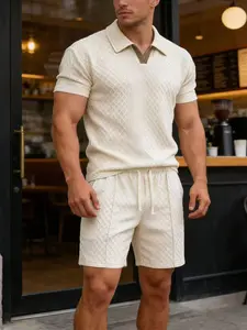 Men's Summer Casual Sports Set, 2 Pieces, Jacquard Fabric, Breathable Polo Shirt & Shorts, Formal Tropical Men's Top Set, Men's Clothing, Long Shirt