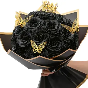 24 Roses DIY Fake Flowers Bouquet, Black Glitter Roses Bouquet, Everlasting Shiny Artificial Rose Bouquet for Valentines Day, Anniversary, Engagement, Wedding, Halloween, Mothers Day Gifts Christmas Decoration, Faux Rose Bouquet