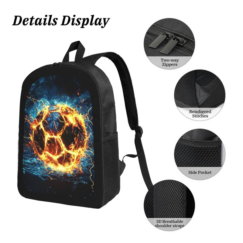 Fiery Soccer Ball Backpack - Lightweight Large Capacity School Bag with Adjustable Straps, Durable Design & Vibrant Print for Boys & Girls, Casual Daypack for School, Travel, Sports, Backpack for School, Sports Bag, Dynamic Graphic Bag, Secure Zipper Clos