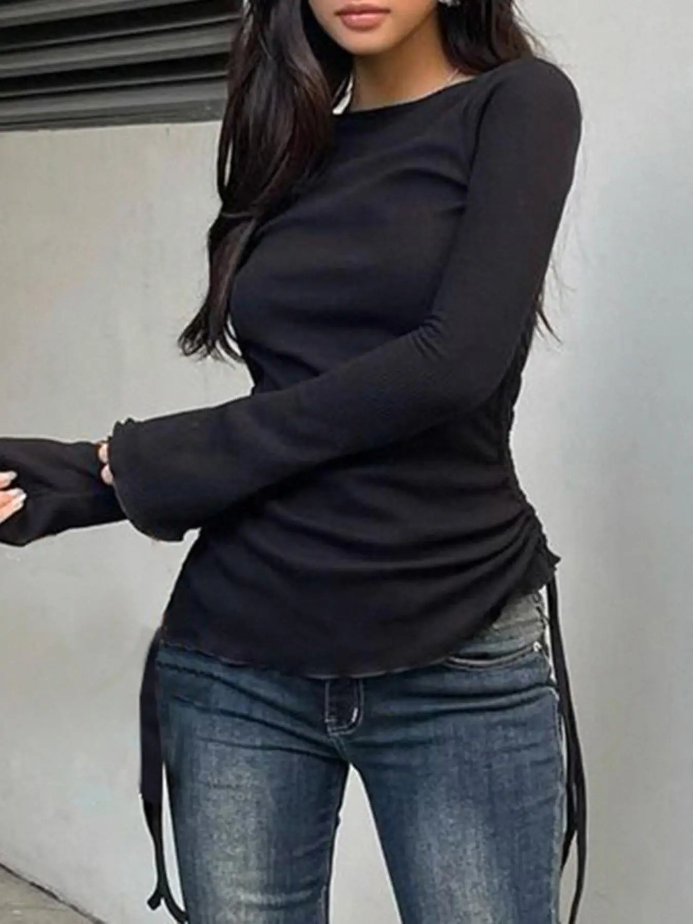 Women's Plain Ruched Ribbed Drawstring Lettuce Trim Flounce Sleeve Tee, Casual Street Comfort Boat Neck Longsleeves T-shirt for Fall, Lady T Shirts Cl