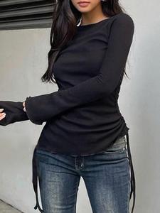 women's plain ruched ribbed drawstring lettuce trim flounce sleeve tee, casual street comfort boat neck longsleeves t-shirt for fall, lady t shirts clothes for daily wear, fall outfits, fallfreshness, fall gift