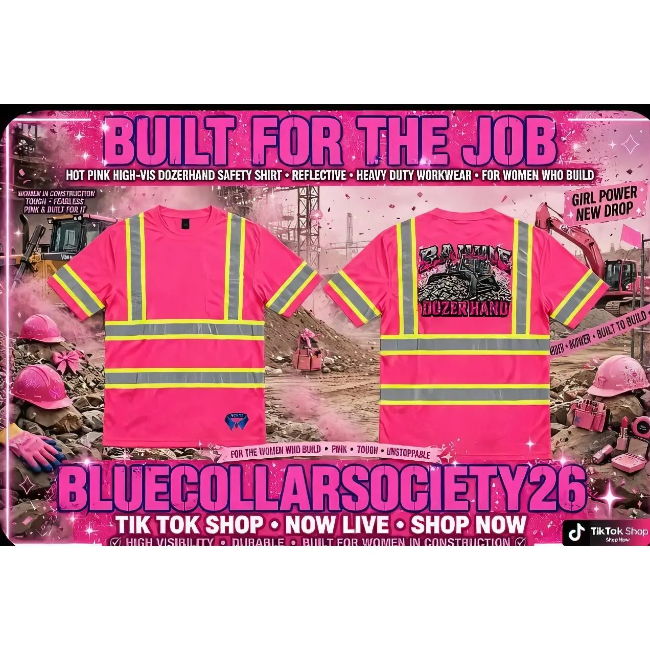 BlueCollarSociety26 Hot Pink High-Vis Dozerhand Safety Shirt Reflective Heavy Duty Workwear for Women Who Build Girl Power New Drop