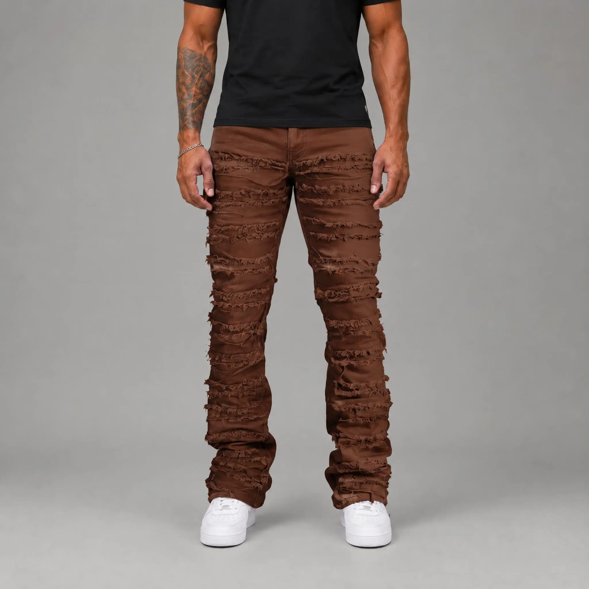 Men's Twill Stacked Pants - Stretch Fabric, Frayed Patch, Menswear Streetwear Outfits Bottoms