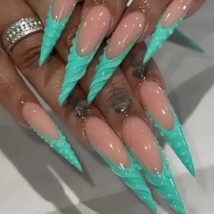 24 Pcs 3D Turquoise Almond Nails, Dragon Scale French Tip Design, Rhinestone Decor, Glossy Gel False Nails, Reusable, Free Jelly Glue & Nail File