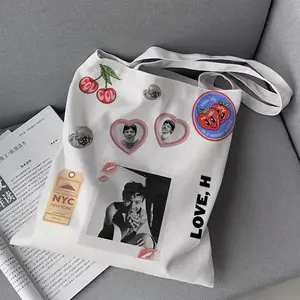 H-Harry S-Styles Storage Bags Canvas Double-Sided Print Black and White Tote Bag Large Capacity Shoulder Students Festive Fashion Eco Outdoor Picnic Travel High Quality Shopping Handbag Machine Washable