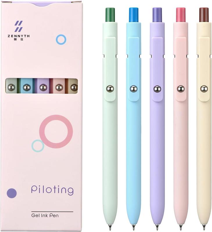 5 count Zennyth Gel Pens Quick Dry Fine Point  Retractable Rolling Ball Black Ink Smooth Writing Pens for School Office (Macarons)