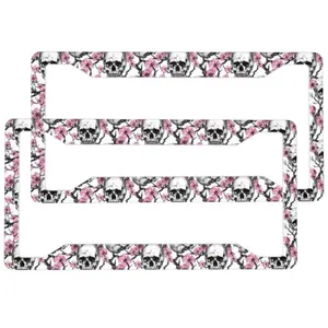 2pcs Skulls Pink Cherry Blossoms License Plate Frame Aluminum License Plate Holder Funny License Plate Decorative with Screws Size 12.2x6.3 Inch Men Women ﻿