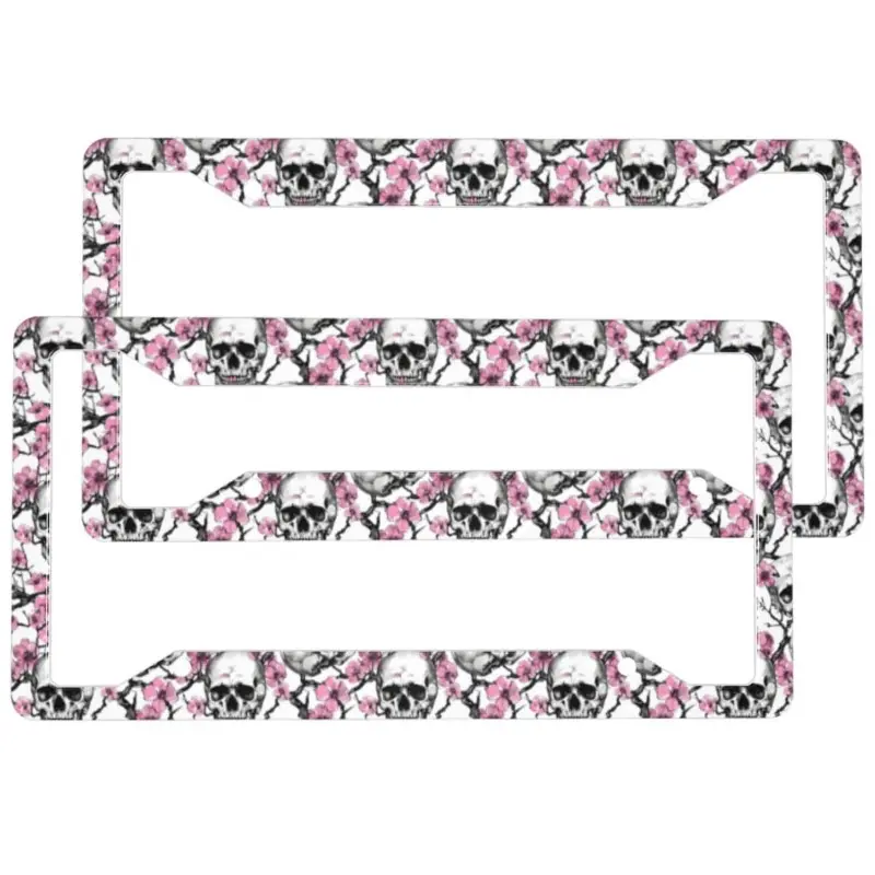 2pcs Skulls Pink Cherry Blossoms License Plate Frame Aluminum License Plate Holder Funny License Plate Decorative with Screws Size 12.2x6.3 Inch Men Women Automotive Car Accessories