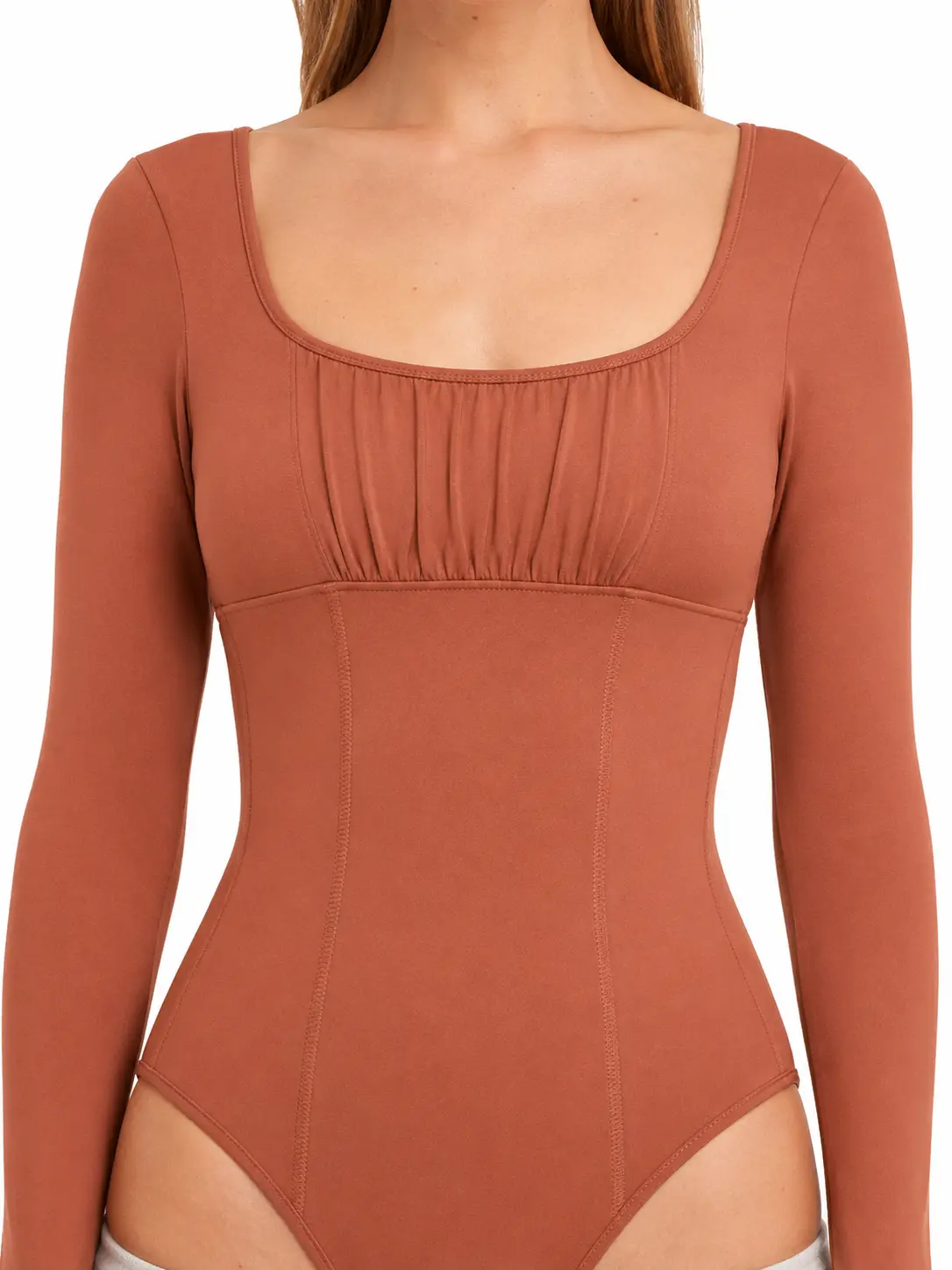 Rust Ribbed Square Neck Long Sleeve Bodysuit with Gathered Bust