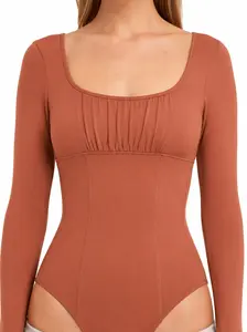 Rust Ribbed Square Neck Long Sleeve Bodysuit with Gathered Bust