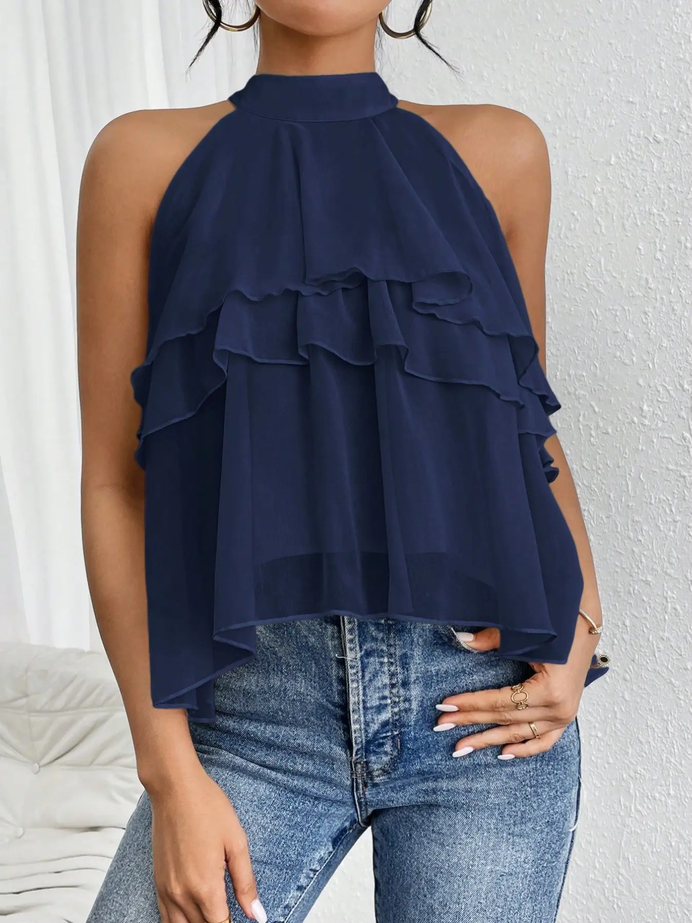 Elegant Tiered Layered Ruffle High Neck Sleeveless Solid Shirt Blouses, Flowy Halter Top, Stylish Women's Clothing, Casual Elegant Classy, Perfect for Casual Wear