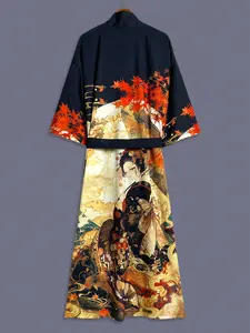 Traditional Ethnic Style Japanese Beauty Print Kimono Long Sleeve Lightweight Robe, Women's Elegant Casual Outerwear, Beach Vacation Bathrobe with Belt, Womenswear