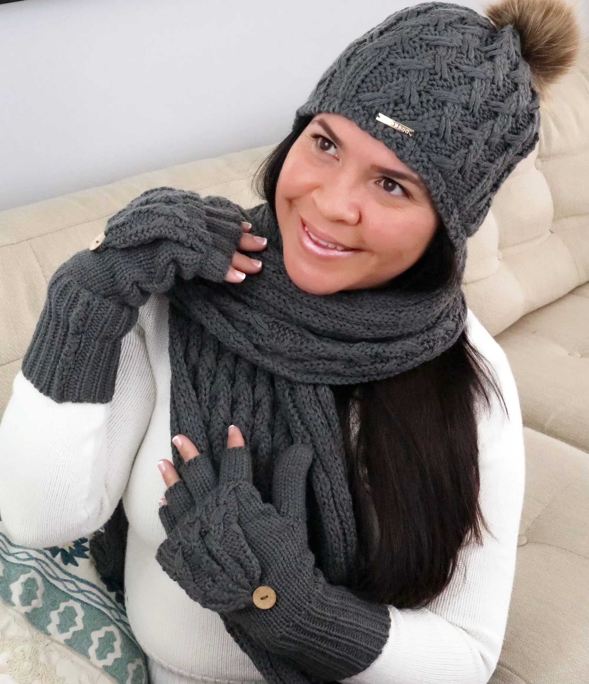 Women's Oversized Scarf With Pop Open Mittens and Matching Hat For Winter or Fall Season