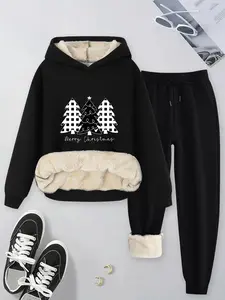 【Plus Size】Women's Christmas Tree Print Hoodie Pants Set, Oversized Casual Fall Winter Fleece Lined, Plaid Pattern, Comfortable Fit