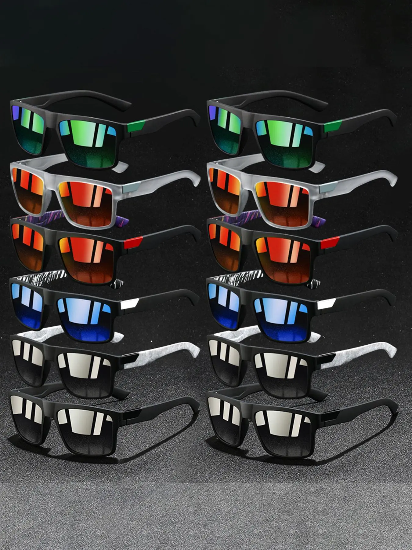 12pcs latest model spliced sports glasses,suitable for both men and women,with multiple color options,equipped with anti slip rubber nose pads,perfect for various activities such as cycling,fishing,and hiking.