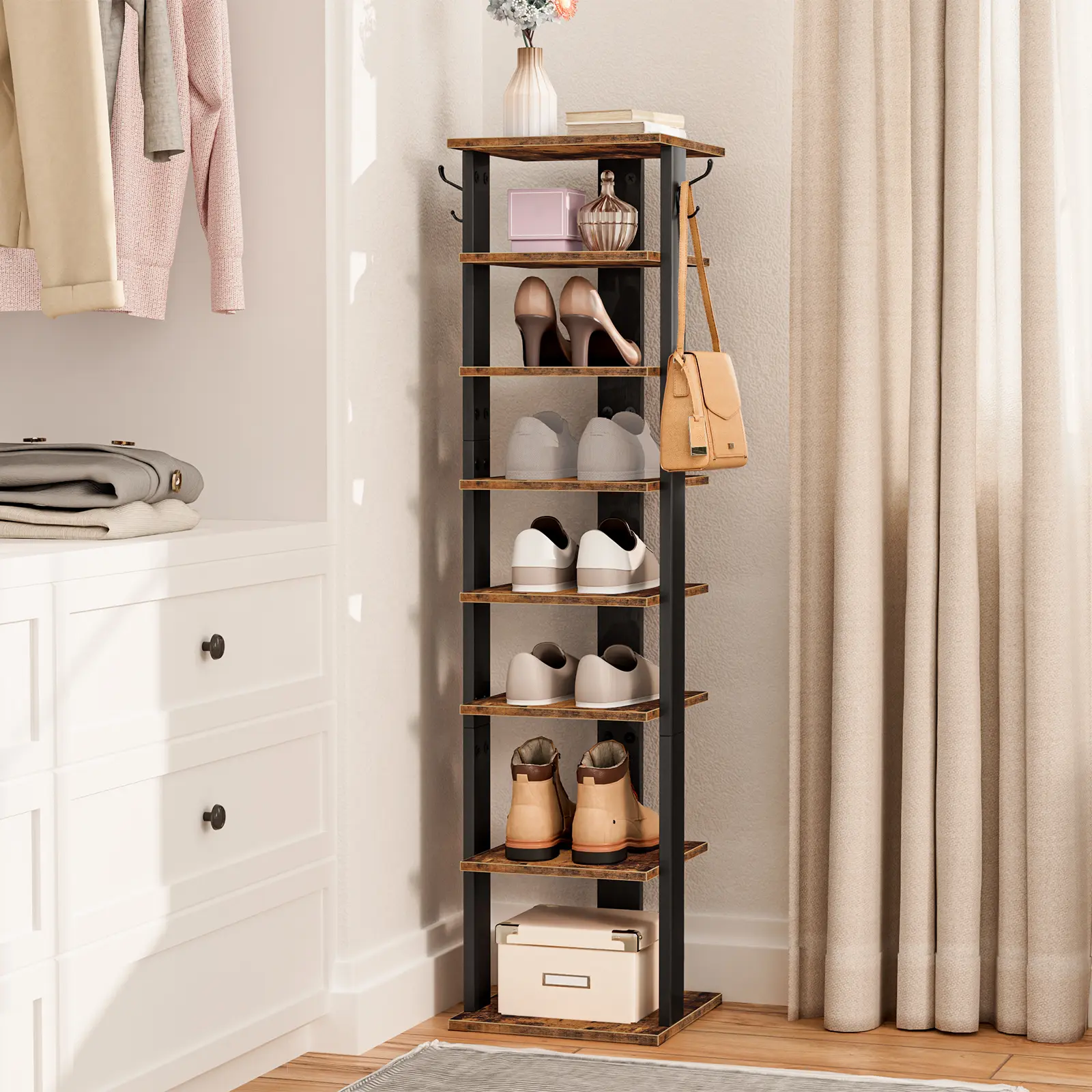 HOOBRO Wooden Vertical Shoe Rack for Entryway, 8 Tier Shoe Storage Organizer with Hooks, Narrow Shoe Tower for 8 Pairs, Space Saving,for Living Room