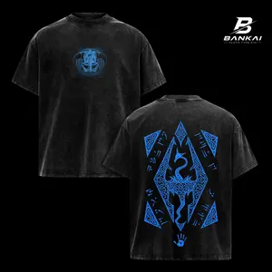 Skyrim Elder Scrolls T-Shirt Hoodie, Vintage Washed Oversized Unisex Graphic Tee Shirt, Blue Dragon Dovahkiin Nordic Rune Design, Double Sided Fantasy Gaming Apparel, Epic Skyrim Fan Gift