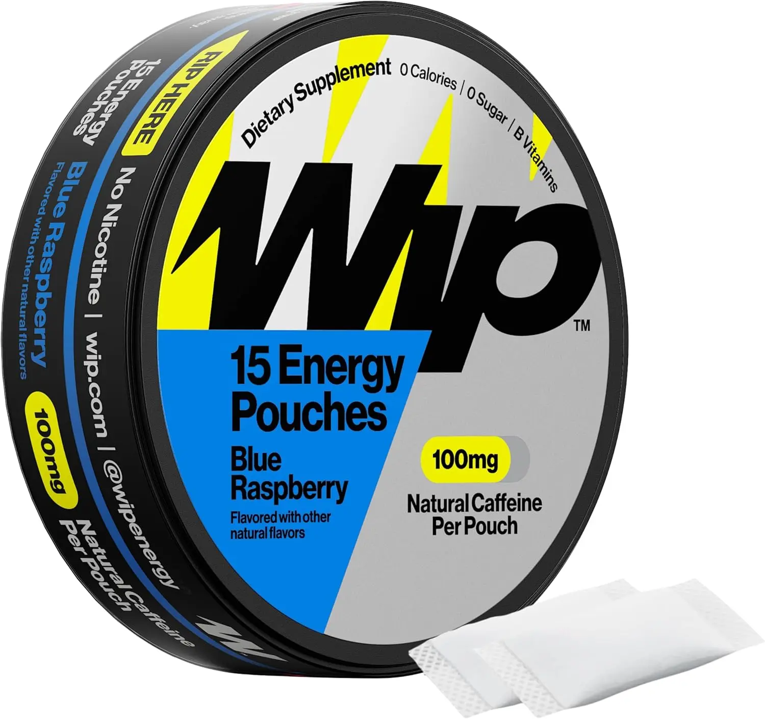 Wip Energy Pouches, Sugar Free Blend with 100 MG Natural Caffeine, B Vitamins, Minerals & L Theanine for Energy Support, Pre Workout for Active Lifestyles, Blue Raspberry, 1 Can, 15 Pouches