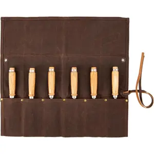 Chisel Roll,6 Pockets Roll Up Tool Pouch,Waxed Canvas Small Tool Roll Organizer and Wrench Roll Up Pouch,Store Chisel,Wrench,Pliers,Carving  (Brown)