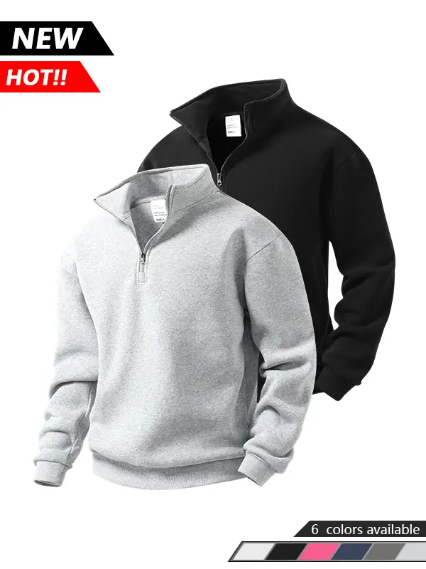 Men’s solid-color quarter-zip mock neck pullover top, loose long sleeves, suitable for spring and autumn outfits